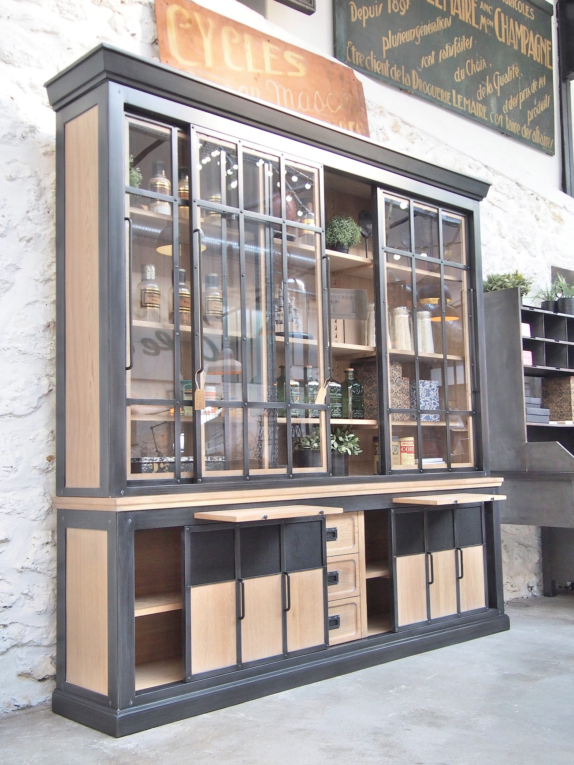Bibliothèque style industriel 3 étagères placard porte 2 tiroirs panneaux  particules aspect vieux bois acier noir
